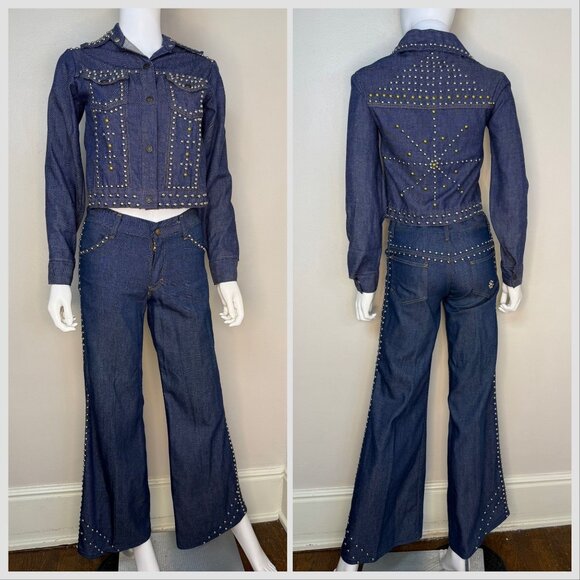 Vintage 1970s Flare Leg Studded Jeans, The Lemon Frog Shop, Sears, 29x30.5, Low - Picture 7 of 8